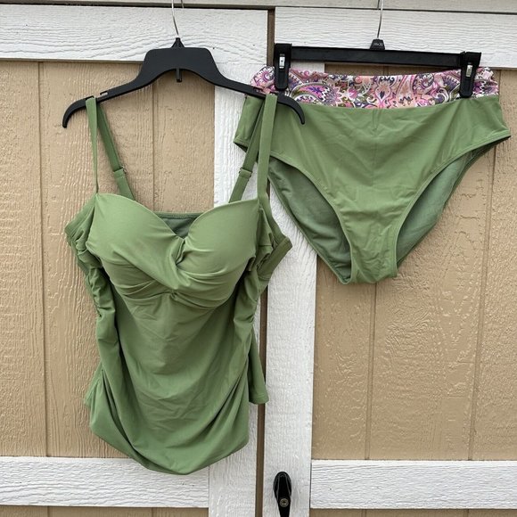 Nicole Miller Green Tankini Top Swimsuit Plus Size 2X Ruched Paisley - Picture 1 of 10